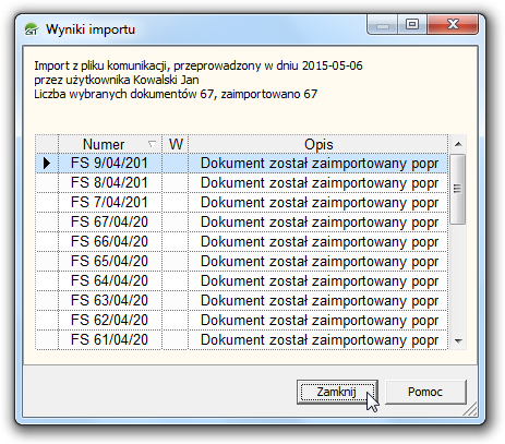 InsERT Rachmistrz GT: Podsumowanie z informacjami o błędach w importowaniu faktur.