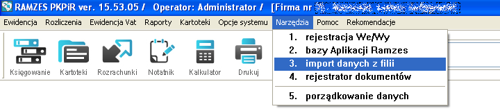 Aplikacja Ramzes KPiR: Import danych z filii.