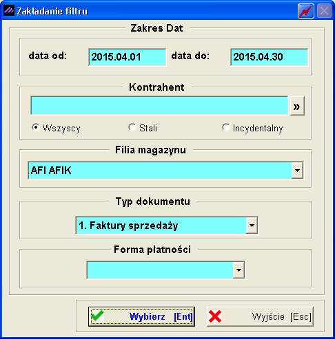 Aplikacja Ramzes KPiR: Zakładanie filtra importu faktur.